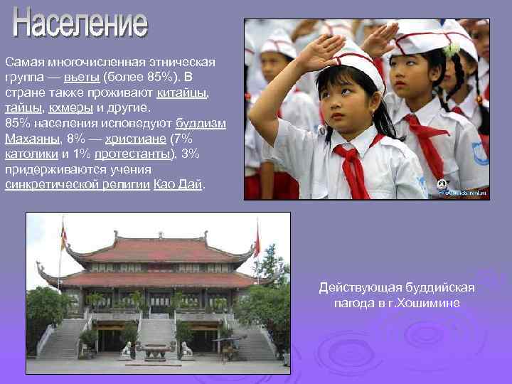 Самая многочисленная этническая группа — вьеты (более 85%). В стране также проживают китайцы, кхмеры
