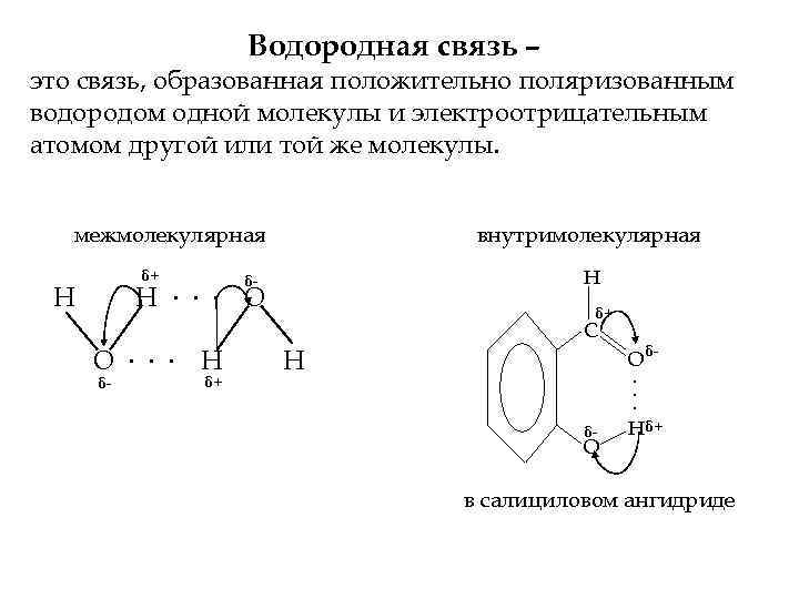 Водородная связь – это связь, образованная положительно поляризованным водородом одной молекулы и электроотрицательным атомом
