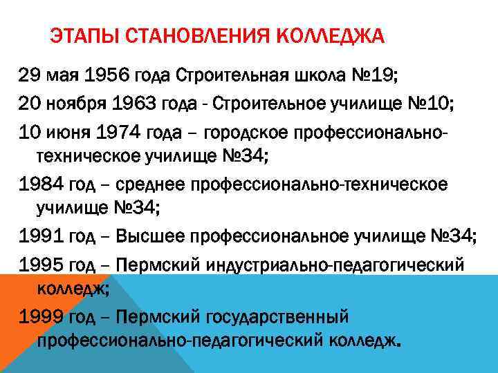 ЭТАПЫ СТАНОВЛЕНИЯ КОЛЛЕДЖА 29 мая 1956 года Строительная школа № 19; 20 ноября 1963