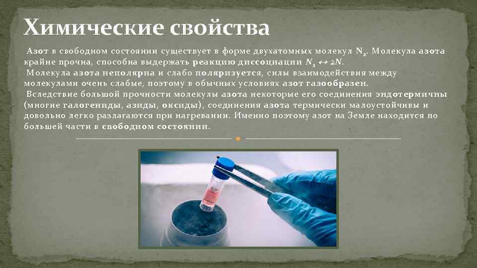 Химические свойства Азот в свободном состоянии существует в форме двухатомных молекул N 2. Молекула