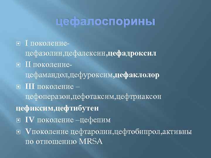цефалоспорины I поколение- цефазолин, цефалексин, цефадроксил II поколение- цефамандол, цефуроксим, цефаклолор III поколение –