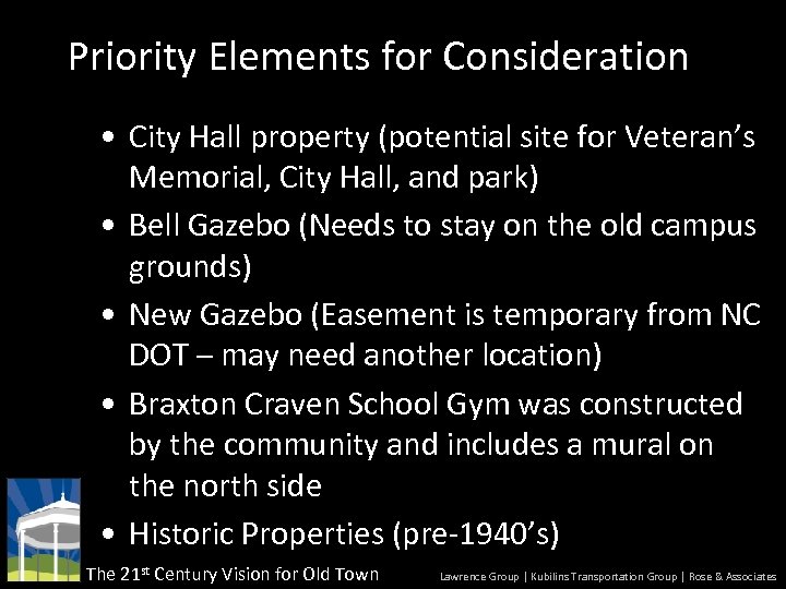 Priority Elements for Consideration • City Hall property (potential site for Veteran’s Memorial, City