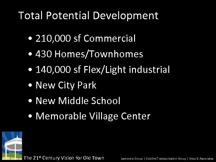 Total Potential Development • 210, 000 sf Commercial • 430 Homes/Townhomes • 140, 000