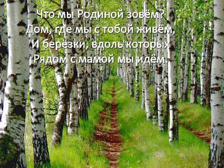 Что мы Родиной зовём? Дом, где мы с тобой живём, И берёзки, вдоль которых