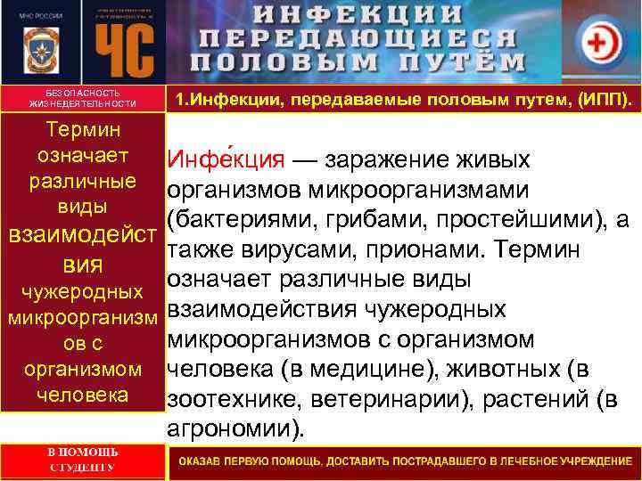БЕЗОПАСНОСТЬ ЖИЗНЕДЕЯТЕЛЬНОСТИ Термин означает различные виды взаимодейст вия чужеродных микроорганизм ов с организмом человека