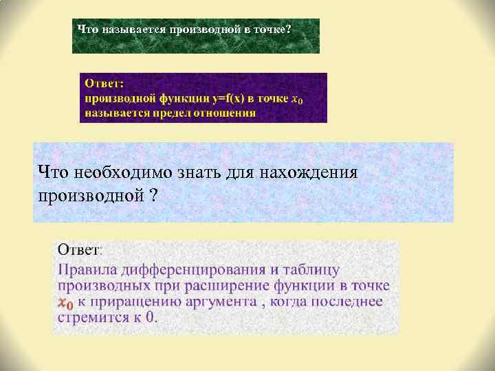 Что называется производной в точке? Что необходимо знать для нахождения производной ? 