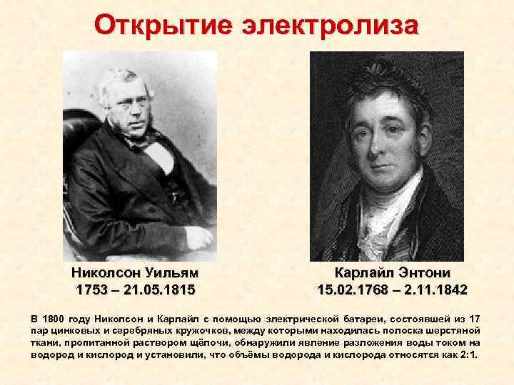 Открытие электролиза Николсон Уильям 1753 – 21. 05. 1815 Карлайл Энтони 15. 02. 1768