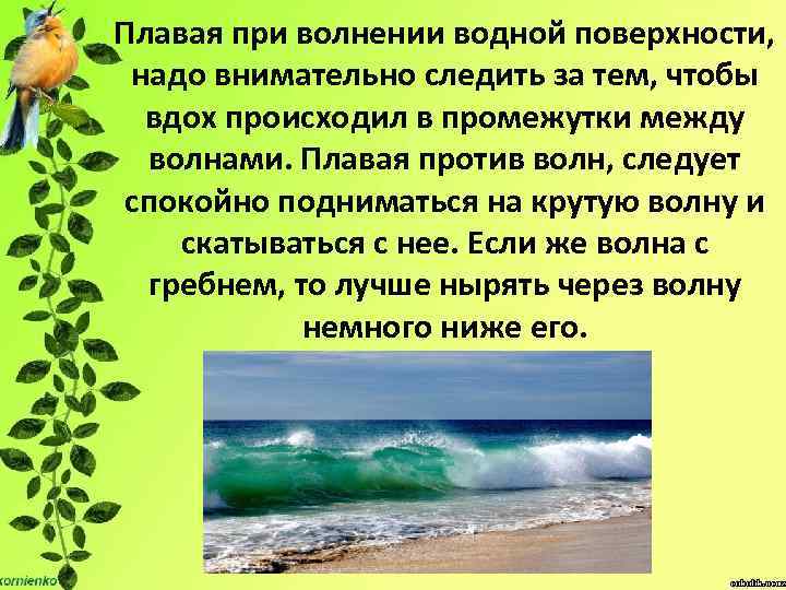 Плавая при волнении водной поверхности, надо внимательно следить за тем, чтобы вдох происходил в