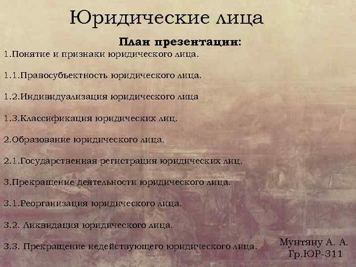 Юридические лица План презентации: 1. Понятие и признаки юридического лица. 1. 1. Правосубъектность юридического