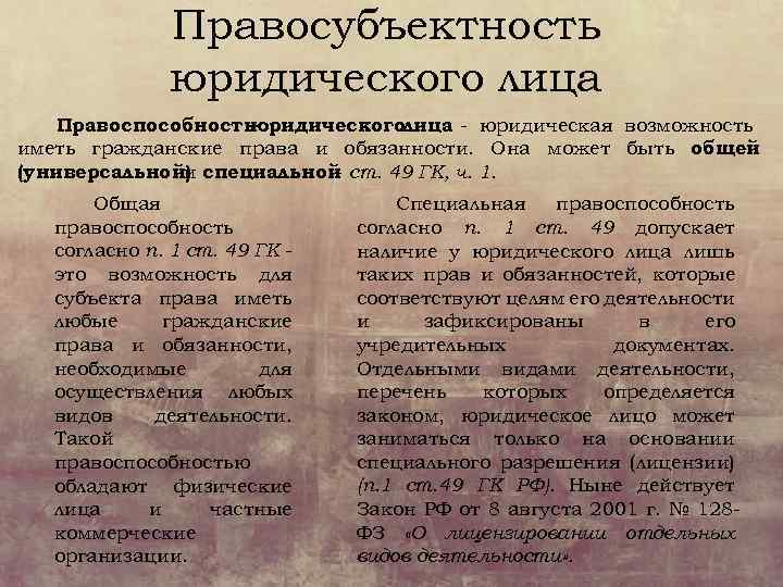 Правосубъектность юридического лица Правоспособность юридическоголица - юридическая возможность иметь гражданские права и обязанности. Она