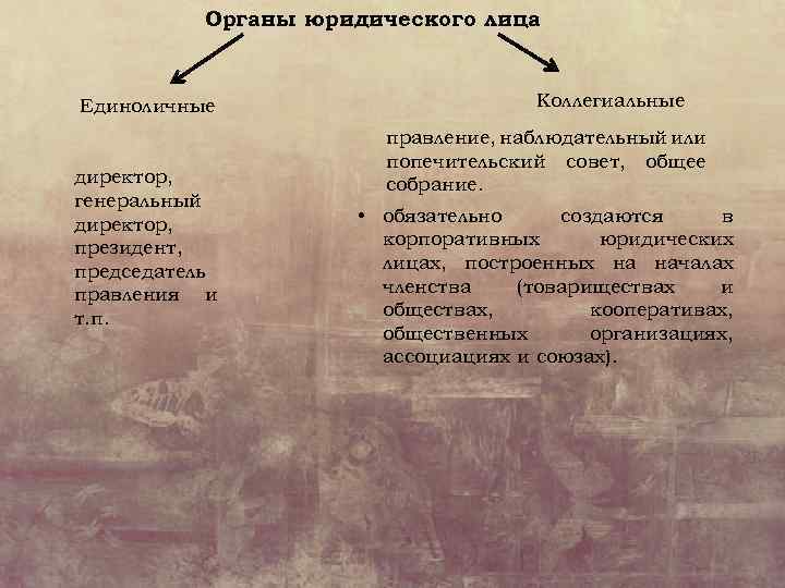 Органы юридического лица Единоличные директор, генеральный директор, президент, председатель правления и т. п. Коллегиальные