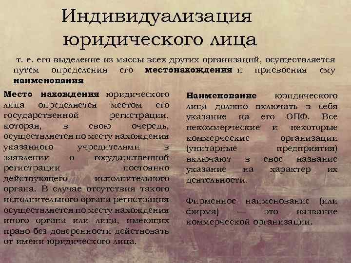 Индивидуализация юридического лица т. е. его выделение из массы всех других организаций, осуществляется путем