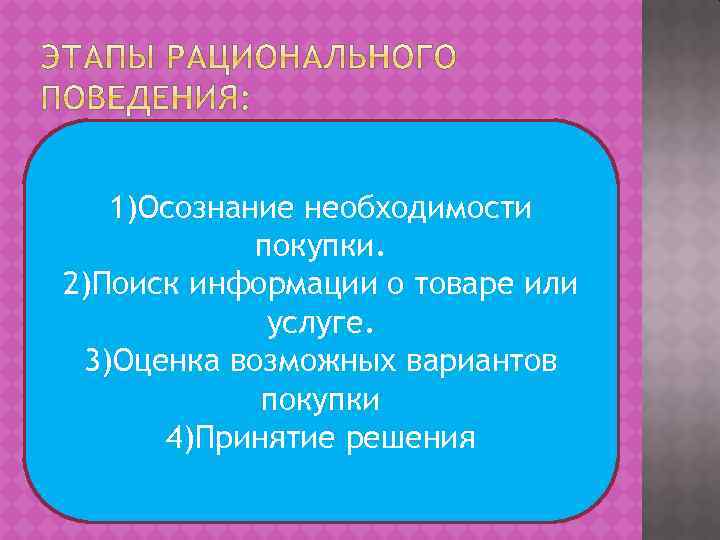 1)Осознание необходимости покупки. 2)Поиск информации о товаре или услуге. 3)Оценка возможных вариантов покупки 4)Принятие