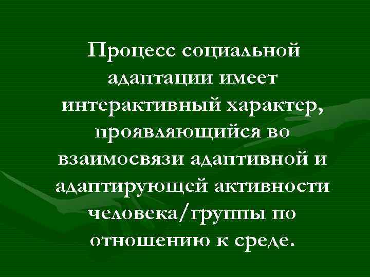 Процесс социальной адаптации имеет интерактивный характер, проявляющийся во взаимосвязи адаптивной и адаптирующей активности человека/группы