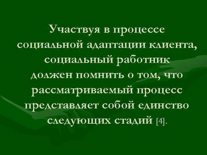 Участвуя в процессе социальной адаптации клиента, социальный работник должен помнить о том, что рассматриваемый