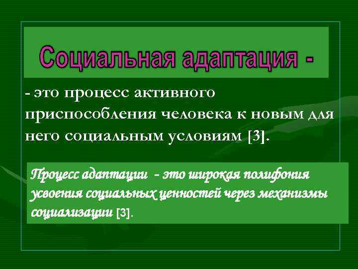 - это процесс активного приспособления человека к новым для него социальным условиям [3]. Процесс