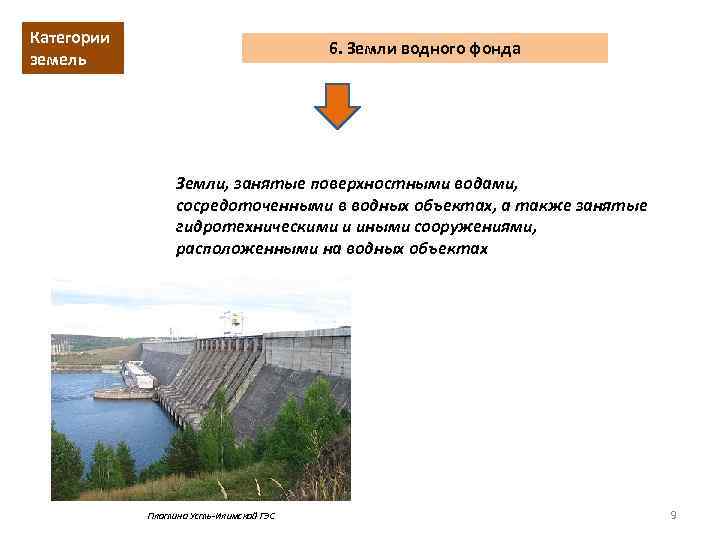 Категории земель 6. Земли водного фонда Земли, занятые поверхностными водами, сосредоточенными в водных объектах,