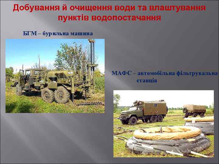 Добування й очищення води та влаштування пунктів водопостачання БГМ – бурильна машина МАФС –