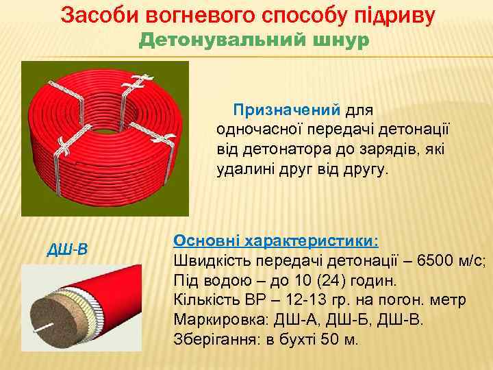 Засоби вогневого способу підриву Детонувальний шнур Призначений для одночасної передачі детонації від детонатора до