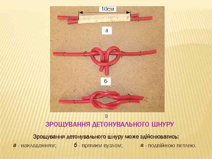 ЗРОЩУВАННЯ ДЕТОНУВАЛЬНОГО ШНУРУ Зрощування детонувального шнуру може здійснюватись: а - накладанням; б - прямим