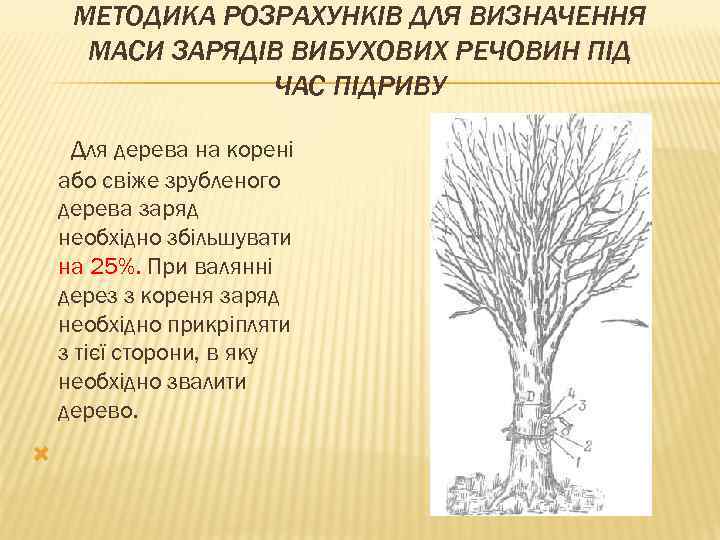 МЕТОДИКА РОЗРАХУНКІВ ДЛЯ ВИЗНАЧЕННЯ МАСИ ЗАРЯДІВ ВИБУХОВИХ РЕЧОВИН ПІД ЧАС ПІДРИВУ Для дерева на