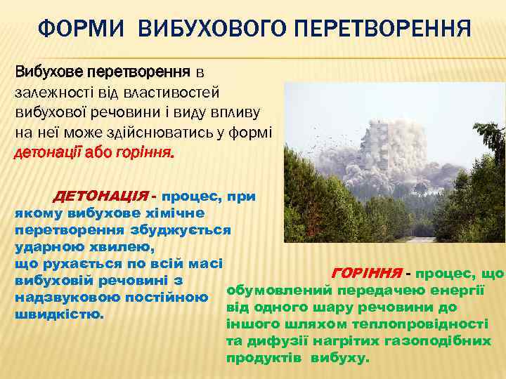ФОРМИ ВИБУХОВОГО ПЕРЕТВОРЕННЯ Вибухове перетворення в залежності від властивостей вибухової речовини і виду впливу