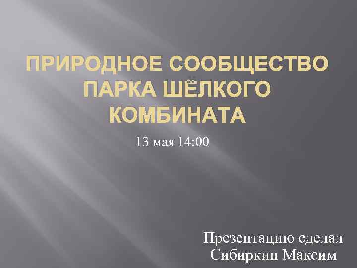 ПРИРОДНОЕ СООБЩЕСТВО ПАРКА ШЁЛКОГО КОМБИНАТА 13 мая 14: 00 Презентацию сделал Сибиркин Максим 