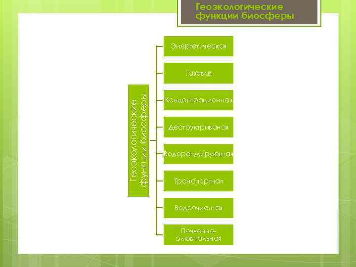 Геоэкологические функции биосферы Энергетическая Геоэкологические функции биосферы Газовая Концентрационная Деструктриваная Водорегулирующая Транспортная Водоочистная Почвенно