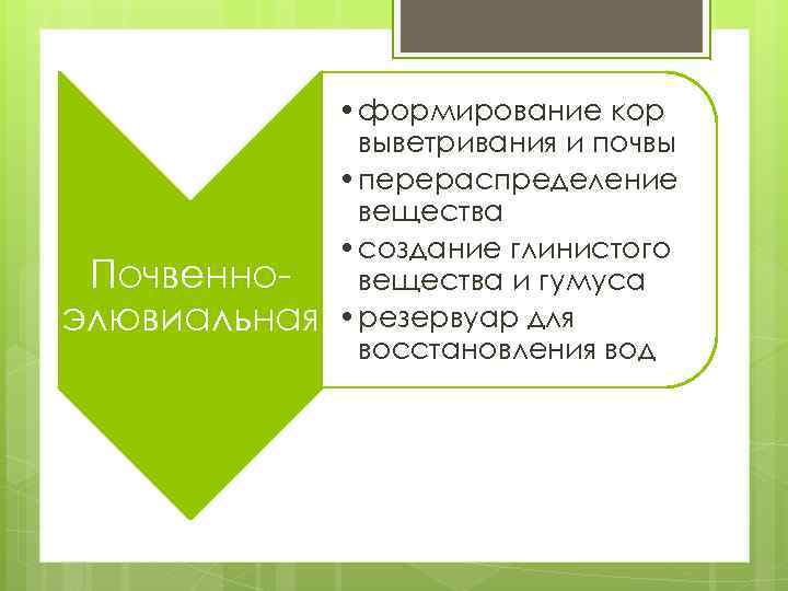 Почвенно элювиальная • формирование кор выветривания и почвы • перераспределение вещества • создание глинистого