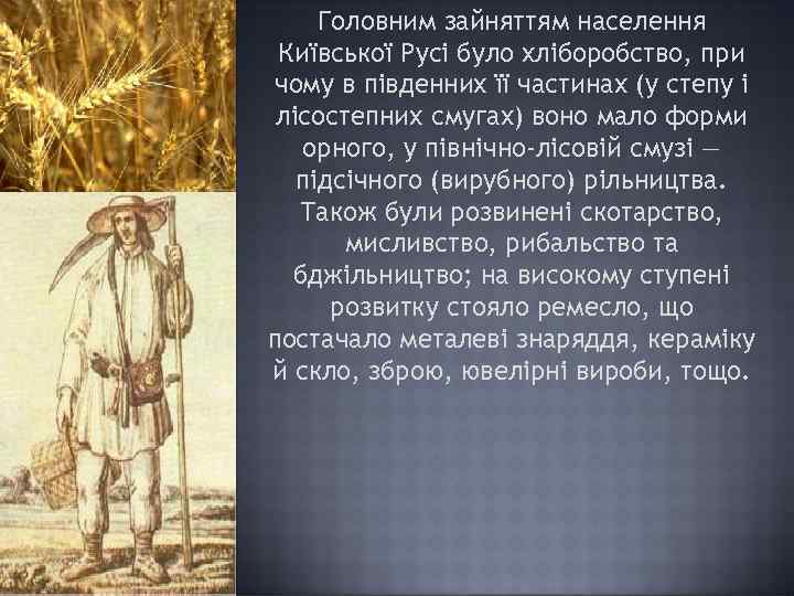 Головним зайняттям населення Київської Русі було хліборобство, при чому в південних її частинах (у
