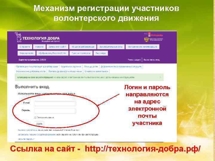Механизм регистрации участников волонтерского движения Логин и пароль направляются на адрес электронной почты участника
