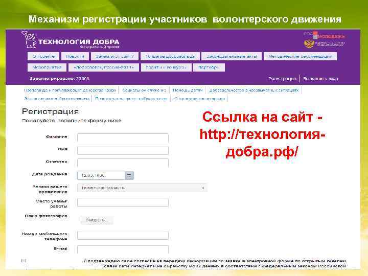 Механизм регистрации участников волонтерского движения Ссылка на сайт - http: //технологиядобра. рф/ 