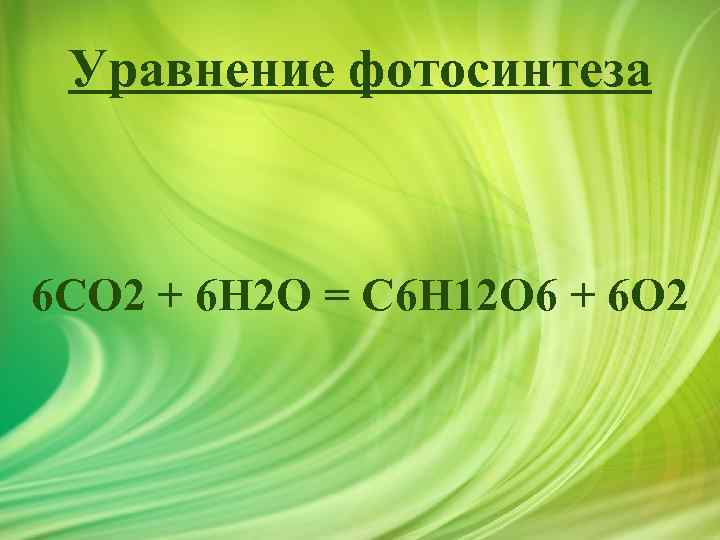 Уравнение фотосинтеза 6 CO 2 + 6 H 2 O = C 6 H