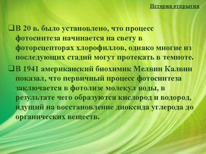 История открытия q В 20 в. было установлено, что процесс фотосинтеза начинается на свету