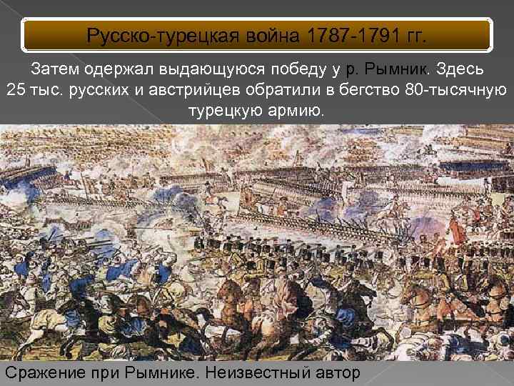 Русско-турецкая война 1787 -1791 гг. Затем одержал выдающуюся победу у р. Рымник. Здесь 25