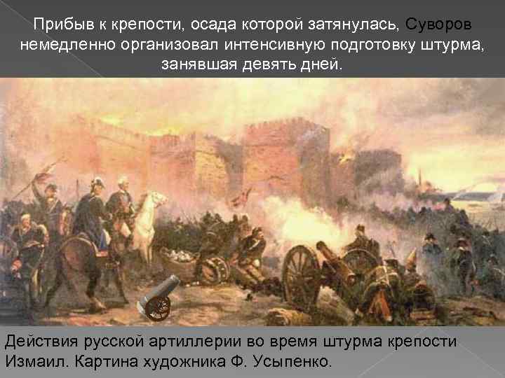 Прибыв к крепости, осада которой затянулась, Суворов немедленно организовал интенсивную подготовку штурма, занявшая девять