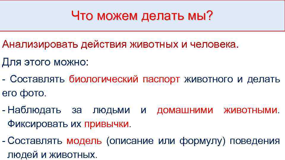 Что можем делать мы? Анализировать действия животных и человека. Для этого можно: - Составлять