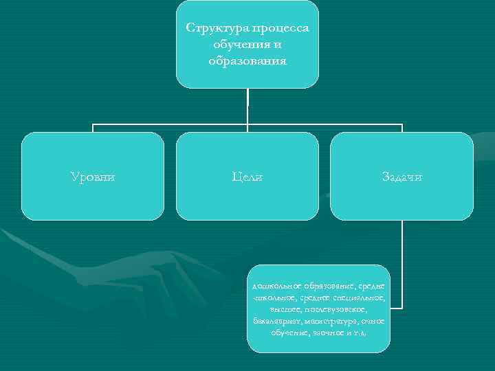 Структура процесса обучения и образования Уровни Цели Задачи дошкольное образование, средне -школьное, среднее специальное,