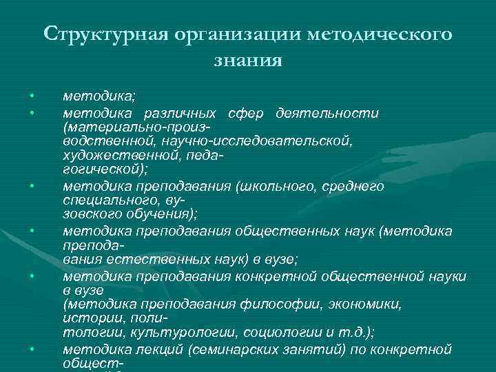 Структурная организации методического знания • • • методика; методика различных сфер деятельности (материально произ