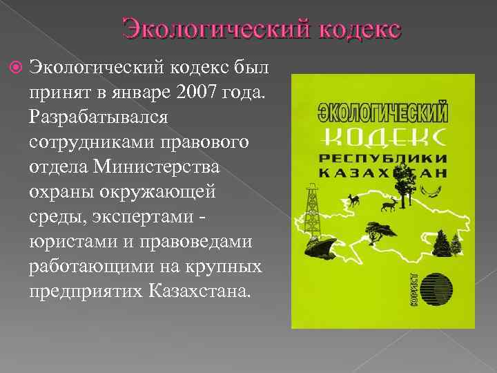 Экологический кодекс был принят в январе 2007 года. Разрабатывался сотрудниками правового отдела Министерства охраны