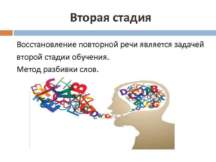 Вторая стадия Восстановление повторной речи является задачей второй стадии обучения. Метод разбивки слов. 