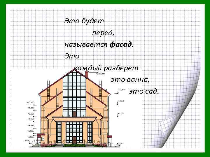 Это будет перед, называется фасад. Это каждый разберет — это ванна, это сад. 