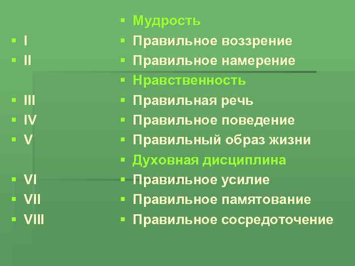 § § I II § IV § VIII § § § Мудрость Правильное воззрение