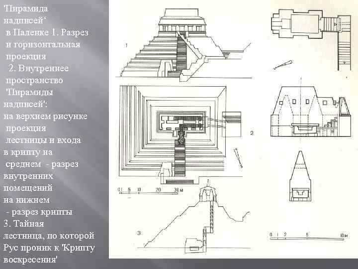 'Пирамида надписей‘ в Паленке 1. Разрез и горизонтальная проекция 2. Внутреннее пространство 'Пирамиды надписей':