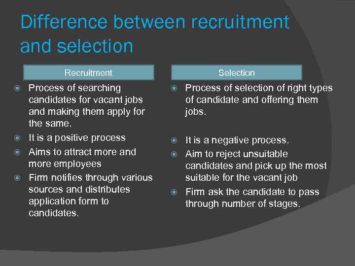 Difference between recruitment and selection Recruitment Process of searching candidates for vacant jobs and