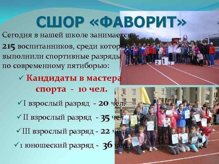 СШОР «ФАВОРИТ» Сегодня в нашей школе занимается 215 воспитанников, среди которых выполнили спортивные разряды
