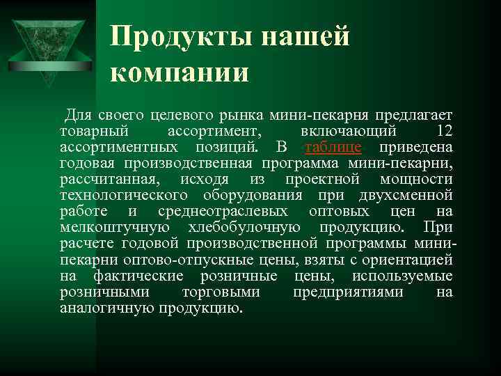 Продукты нашей компании Для своего целевого рынка мини-пекарня предлагает товарный ассортимент, включающий 12 ассортиментных