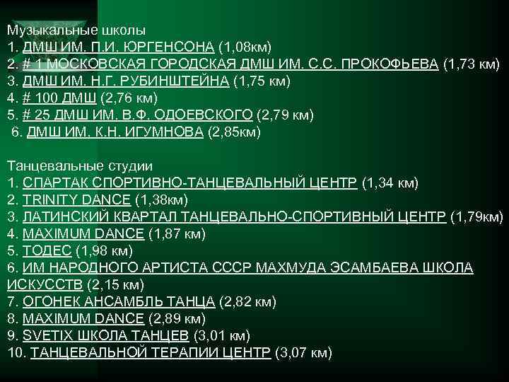 Музыкальные школы 1. ДМШ ИМ. П. И. ЮРГЕНСОНА (1, 08 км) 2. # 1