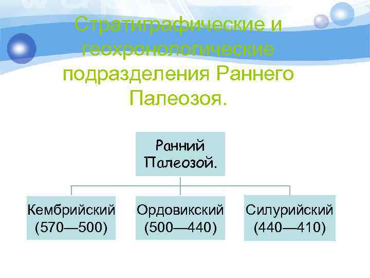 Стратиграфические и геохронологические подразделения Раннего Палеозоя. Ранний Палеозой. Кембрийский (570— 500) Ордовикский (500— 440)
