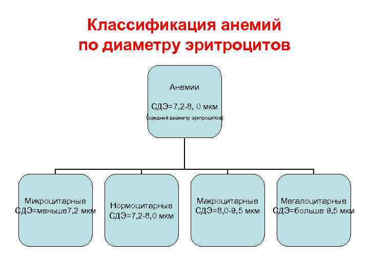 Классификация анемий по диаметру эритроцитов Анемии СДЭ=7, 2 -8, 0 мкм (средний диаметр эритроцитов)